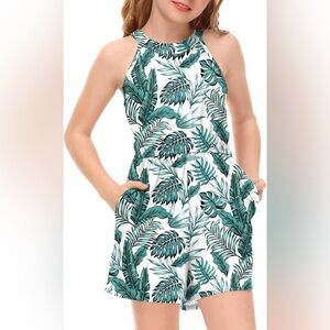 Tropical Leaf Print Halter Romper (016)